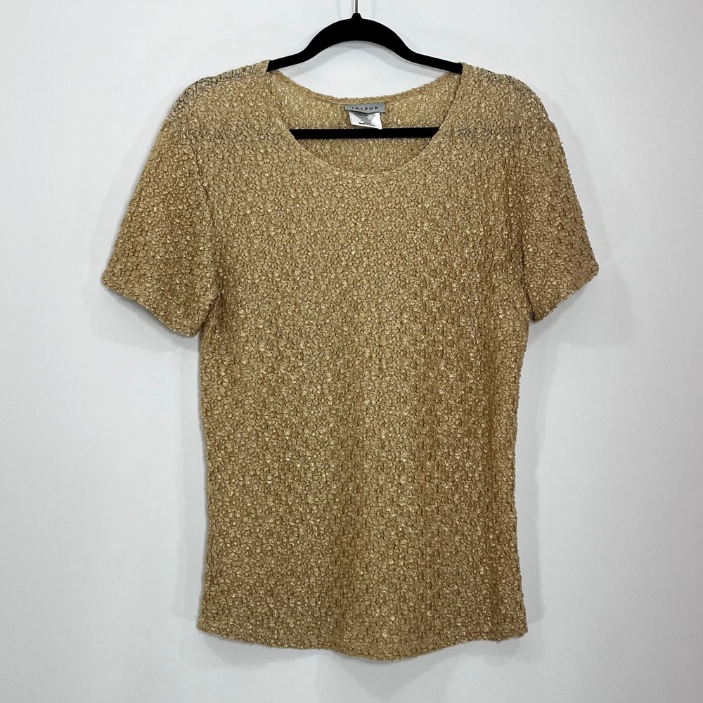 Jaipur Womens Gold Popcorn Textured Short Sleeve Scoop Neck Top Large 84255 New